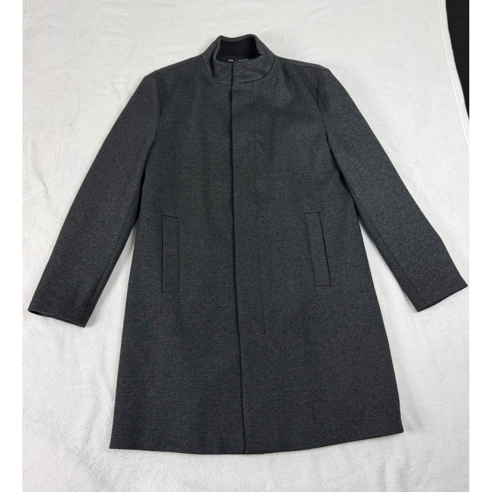 Zara Man Dark Gray Diagonal Twill Overcoat Hidden Button Stand Collar Jacket XL